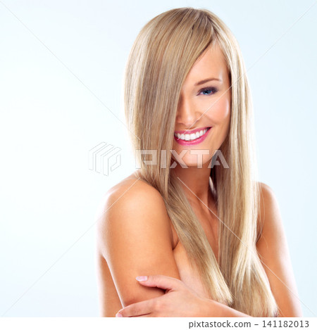 Beauty, portrait and haircare for woman person in studio, closeup, smile or cosmetic on white background. Face, salon or cosmetology for female model, self care or treatment for topless lady Beauty, portrait and haircare for woman person in studio, closeup, smile or cosmetic on white background. Face, salon or cosmetology for female model, self care or treatment for topless lady 141182013