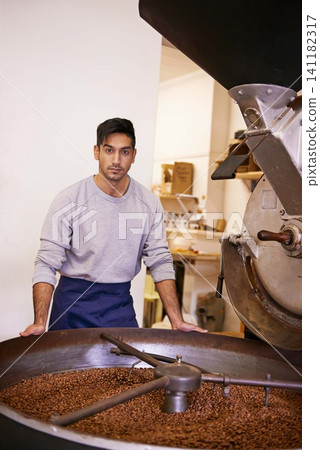 Coffee, portrait and man with machine for roasting with small business, production and quality control. Entrepreneur, barista or roaster with beans at cafe, sustainable startup and espresso process Coffee, portrait and man with machine for roasting with small business, production and quality control. Entrepreneur, barista or roaster with beans at cafe, sustainable startup and espresso process 141182317