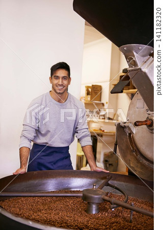 Coffee, portrait and happy man with machine for roasting with small business, production or quality control. Entrepreneur, barista or roaster with beans, sustainable startup cafe and espresso process Coffee, portrait and happy man with machine for roasting with small business, production or quality control. Entrepreneur, barista or roaster with beans, sustainable startup cafe and espresso process 141182320
