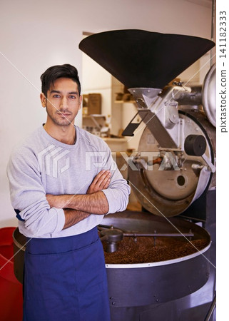 Coffee, roasting and portrait of man with confidence in small business, process and quality control. Entrepreneur, barista or roaster with beans at espresso cafe, sustainable startup and arms crossed Coffee, roasting and portrait of man with confidence in small business, process and quality control. Entrepreneur, barista or roaster with beans at espresso cafe, sustainable startup and arms crossed 141182333