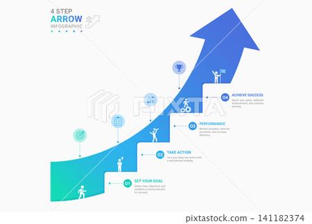 Infographic Staircase Step Business Growth timeline with 4 Step Arrow Process and Concepts for Success Diagram Background 141182374