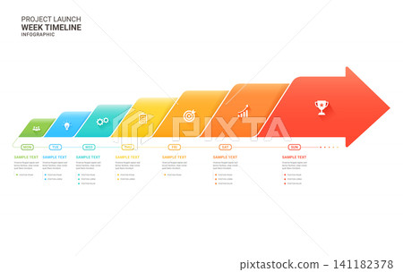 Weekly Timeline Arrow Infographic Template, Project Schedule Workflow, Seven Day Planning, Modern Vector Design Weekly Timeline Arrow Infographic Template, Project Schedule Workflow, Seven Day Planning, Modern Vector Design 141182378
