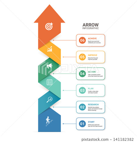 Upward Arrow Infographic Template with Six Steps, Business Growth Process, Success Workflow, Modern Vector Design Upward Arrow Infographic Template with Six Steps, Business Growth Process, Success Workflow, Modern Vector Design 141182382