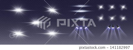 Collection of various light effects, lens flare, glowing stars, and spotlights creating a luminous design 141182997