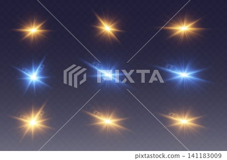 Glowing lens flares and starburst light effects on changing blue and orange background Glowing lens flares and starburst light effects on changing blue and orange background 141183009