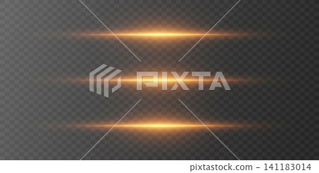 Three bright yellow light streaks shining horizontally on a dark transparent background Three bright yellow light streaks shining horizontally on a dark transparent background 141183014