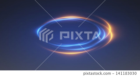 Abstract digital rendering showing moving light trails forming overlapping ellipses on blue background Abstract digital rendering showing moving light trails forming overlapping ellipses on blue background 141183030