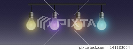 Four luminous light bulbs glow with varied colors against a dark background, representing different concepts Four luminous light bulbs glow with varied colors against a dark background, representing different concepts 141183064