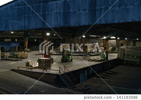 Nighttime transportation company, nighttime logistics warehouse, logistics, transportation, logistics, transport, forklift, truck, cargo, work Nighttime transportation company, nighttime logistics warehouse, logistics, transportation, logistics, transport, forklift, truck, cargo, work 141183086