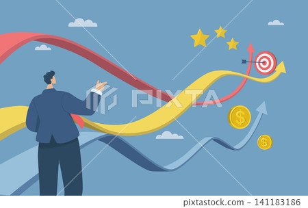 Business decisions or choices, Finding the right direction, Business opportunities or paths to success, Using vision to decide the path ahead, Businessman are choosing a business path. Vector. 141183186