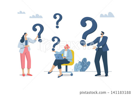 Business team with question marks and confused about the problem, Difficult questions or unsolved search concepts, Complex issues or misunderstandings about business approaches, An uncertain Business team with question marks and confused about the problem, Difficult questions or unsolved search concepts, Complex issues or misunderstandings about business approaches, An uncertain 141183188