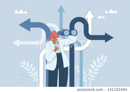 Finding the right path, Business opportunity or the right path to success, Decision making or choosing a business destination, Businesswoman using binoculars to find the right path. Vector design. Finding the right path, Business opportunity or the right path to success, Decision making or choosing a business destination, Businesswoman using binoculars to find the right path. Vector design. 141183494