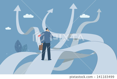 Business decisions or choices, Finding the right direction, Business opportunities or paths to success, Using vision to decide the path ahead, Businessman are choosing a business path. Vector. 141183499