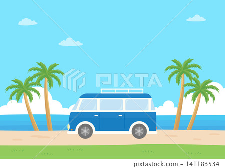 夏日海灘和一輛時尚的藍色汽車 夏日海灘和一輛時尚的藍色汽車 141183534