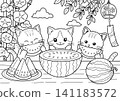 A coloring page of three cats eating watermelon 141183572