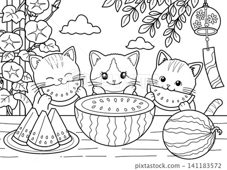 A coloring page of three cats eating watermelon A coloring page of three cats eating watermelon 141183572