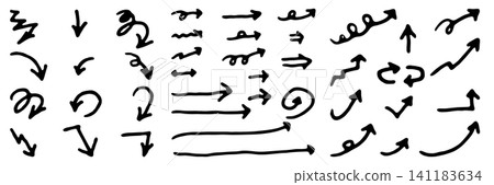 Simple hand-drawn arrow silhouettes. Upward, straight, downward. Simple hand-drawn arrow silhouettes. Upward, straight, downward. 141183634