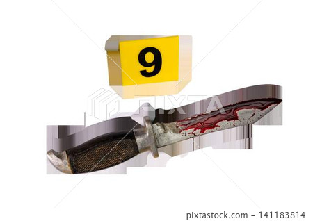 A combat knife covered in blood at a crime scene with a marker number 9 installed nearby. Transparent background A combat knife covered in blood at a crime scene with a marker number 9 installed nearby. Transparent background 141183814