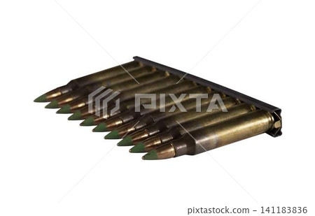 Assault rifle cartridges caliber 5.56 in a clip on a transparent background 141183836