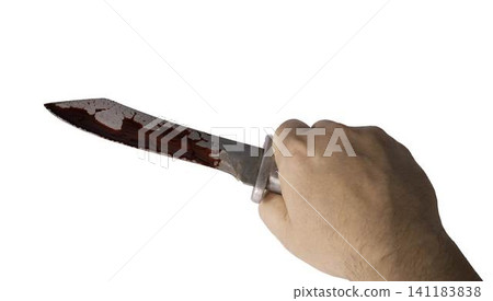 Knife with blood in the hand of a man. Threat with knife. Man attack with knife. Crime, violence. Selective focus. Blurred face Knife with blood in the hand of a man. Threat with knife. Man attack with knife. Crime, violence. Selective focus. Blurred face 141183838