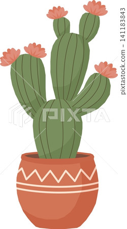 Cute Cactus with Flowers Illustration, Cartoon Pastel Potted Plant in Boho Tribal Pot, Minimalist Blooming Succulent Element Isolated for Home Decor Design Cute Cactus with Flowers Illustration, Cartoon Pastel Potted Plant in Boho Tribal Pot, Minimalist Blooming Succulent Element Isolated for Home Decor Design 141183843