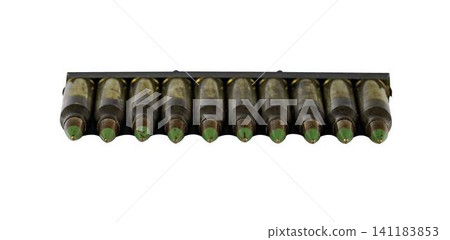 Assault rifle cartridges caliber 5.56 in a clip on a transparent background 141183853