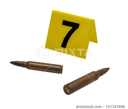 Assault rifle cartridges caliber 5.56 in a clip on a transparent background 141183886