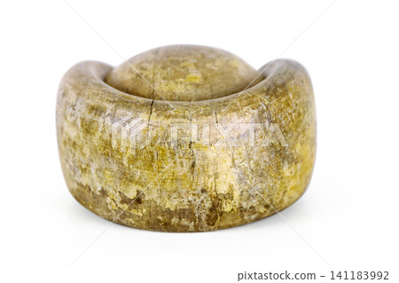 Antique millinery form for shaping pillbox hats. Vintage wooden block used in hat making. Craftsmanship, old professions, artisan work concept. Isolated on white background. Copy space Antique millinery form for shaping pillbox hats. Vintage wooden block used in hat making. Craftsmanship, old professions, artisan work concept. Isolated on white background. Copy space 141183992