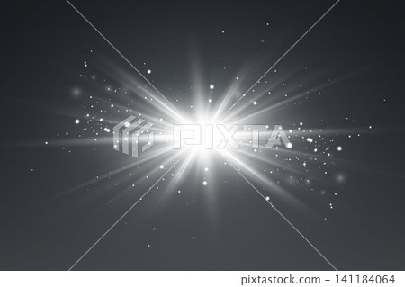 Bright light burst with glowing rays and shimmering particles on a dark background 141184064