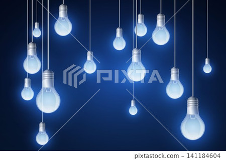 Many illuminated light bulbs hanging, symbolizing innovation, solution, and brilliant ideas Many illuminated light bulbs hanging, symbolizing innovation, solution, and brilliant ideas 141184604
