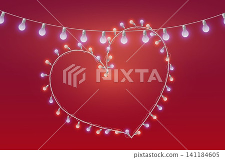 String lights creating a heart shape against a vibrant red background, perfect for romance 141184605