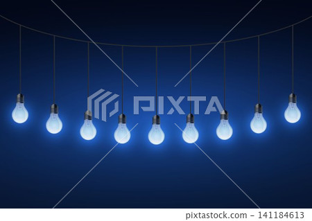 String of ten glowing light bulbs hanging against a dark blue background, symbolizing concepts and solutions String of ten glowing light bulbs hanging against a dark blue background, symbolizing concepts and solutions 141184613