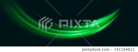 Green light streak flowing dynamically on a dark background, representing speed and energy Green light streak flowing dynamically on a dark background, representing speed and energy 141184621