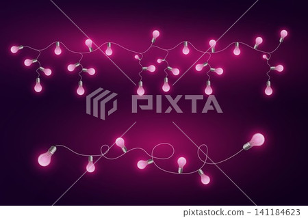 Glowing string light bulbs illuminating dark purple background for celebration design 141184623