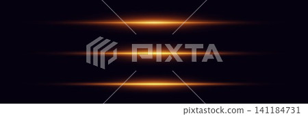 Set of three horizontal shining golden light streaks creating abstract digital effects Set of three horizontal shining golden light streaks creating abstract digital effects 141184731