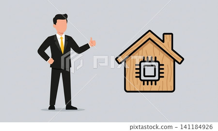 Businessman in a suit gesturing thumbs up beside a wooden smart home icon representing automation tech Businessman in a suit gesturing thumbs up beside a wooden smart home icon representing automation tech 141184926