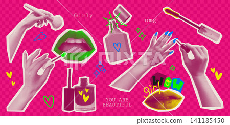 Y2K collage pop art, retro girly make up cutouts Y2K collage pop art, retro girly make up cutouts 141185450