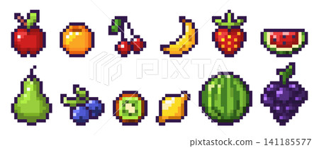Pixel art fruit icons, 8 bit game summer food set 141185577