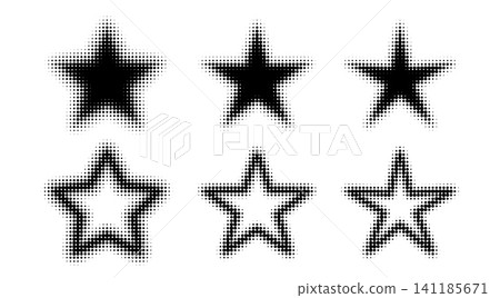 Halftone dot pattern with star shape and retro frame. Pop art vector gradient, comic texture, and creative grunge border for graphic banner and decorative background design. Halftone dot pattern with star shape and retro frame. Pop art vector gradient, comic texture, and creative grunge border for graphic banner and decorative background design. 141185671