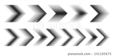 Dotted arrows and chevrons with halftone pattern. Vector graphic icons showing direction, movement, and navigation in abstract geometric style with gradient effects. Dotted arrows and chevrons with halftone pattern. Vector graphic icons showing direction, movement, and navigation in abstract geometric style with gradient effects. 141185673