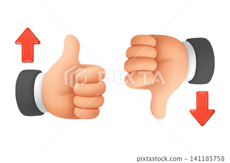 Vector 3d Cartoon Thumbs Up And Thumbs Down. Like and Dislike Hand Gestures Isolated. Approval and Rejection Symbols with Up and Down Arrows. Rating Feedback Design Vector 3d Cartoon Thumbs Up And Thumbs Down. Like and Dislike Hand Gestures Isolated. Approval and Rejection Symbols with Up and Down Arrows. Rating Feedback Design 141185758