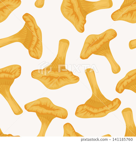 Chanterelle Mushroom Seamless Pattern, Vector Illustration. Golden Chanterelle Mushroom Background, Hand Drawn Forest Mushroom Pattern on White Chanterelle Mushroom Seamless Pattern, Vector Illustration. Golden Chanterelle Mushroom Background, Hand Drawn Forest Mushroom Pattern on White 141185760