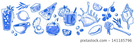Sketch set of Italian food and drinks in blue Sketch set of Italian food and drinks in blue 141185796