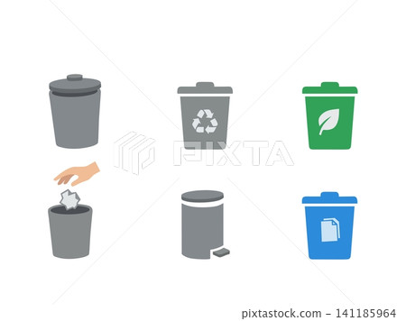 Flat trash bin and recycling icon collection featuring garbage can, recycle bin, eco waste container, paper bin, pedal bin and litter disposal isolated on white background Flat trash bin and recycling icon collection featuring garbage can, recycle bin, eco waste container, paper bin, pedal bin and litter disposal isolated on white background 141185964