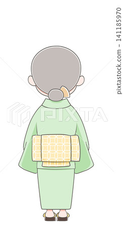 一幅從背後拍攝的身穿浴衣（夏季和服）的老婦人插圖。 141185970