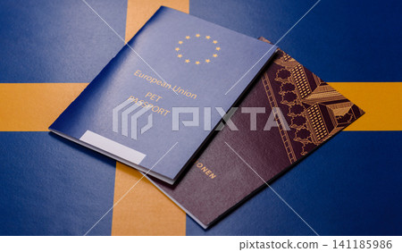 Sweden, swedish passport or id document with tickets for flight, travel. Swedish passport 141185986
