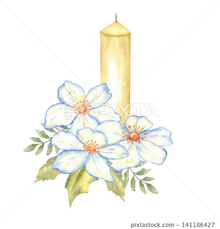 Watercolor candle with blue flowers and green leaves arrangement for memorial and wedding card backgrounds and delicate botanical centerpiece illustration. For first communion, baptism. Isolated 141186427