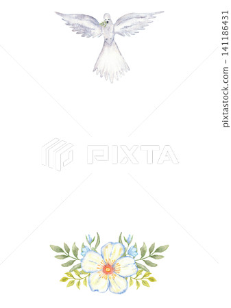 A4 dove and floral border template for wedding and first communion invitation and stationery background with white dove and watercolor flowers for printable design. For baptism invitation. Isolated 141186431