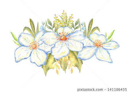 Horizontal wedding floral composition with blue watercolor flowers and green foliage for invitation banner and background design. For first communion, baptism greeting card. Isolated. Hand drawn Horizontal wedding floral composition with blue watercolor flowers and green foliage for invitation banner and background design. For first communion, baptism greeting card. Isolated. Hand drawn 141186435