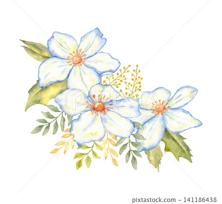 Wedding composition with blue watercolor flowers and green leaves for invitation background and floral stationery design. For first communion, baptism greeting card, invitation. Isolated. Hand drawn 141186438